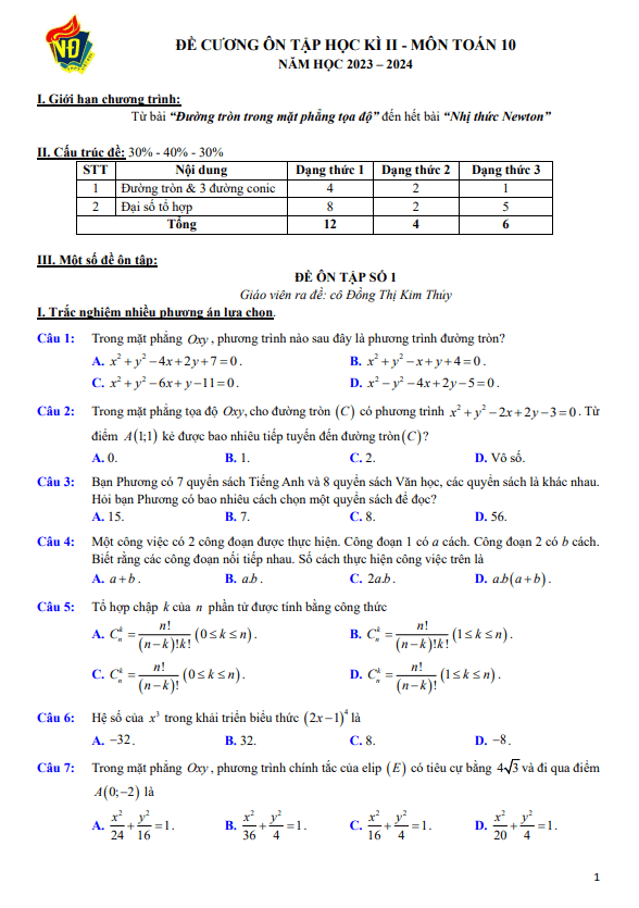 03 đề ôn tập cuối kì 2 Toán 10 năm 2023 – 2024 trường THPT Việt Đức – Hà Nội