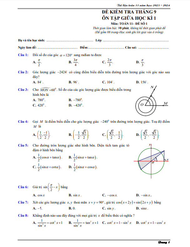 03 đề ôn tập kiểm tra giữa học kì 1 môn Toán 11 năm học 2023 – 2024