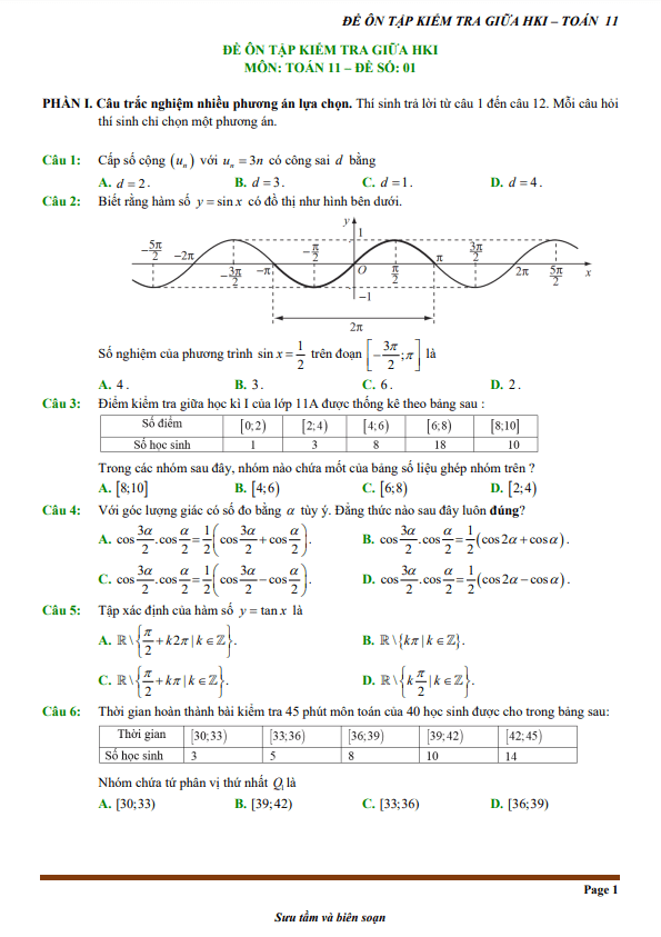 05 đề ôn tập giữa học kì 1 Toán 11 cấu trúc trắc nghiệm mới