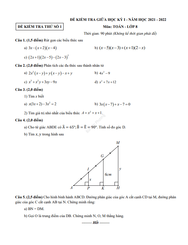 05 đề ôn tập kiểm tra giữa học kỳ 1 Toán 8 năm học 2021 – 2022