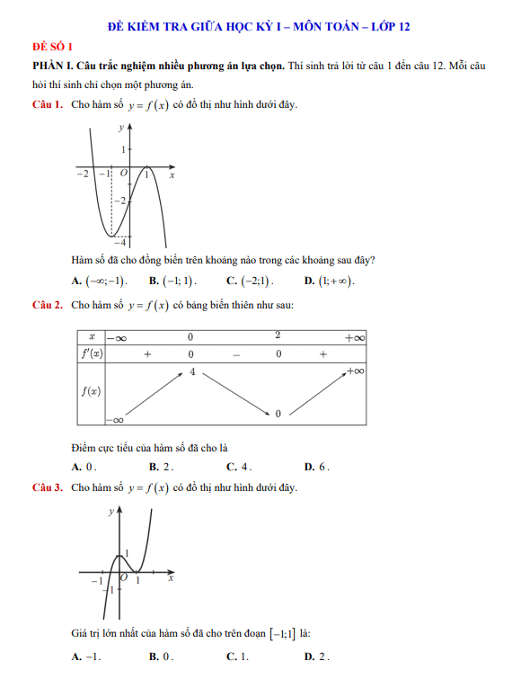 08 đề kiểm tra giữa học kỳ 1 Toán 12 cấu trúc trắc nghiệm mới