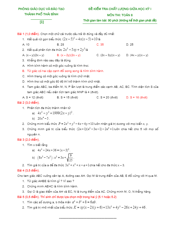 10 đề kiểm tra chất lượng giữa học kỳ 1 môn Toán 8