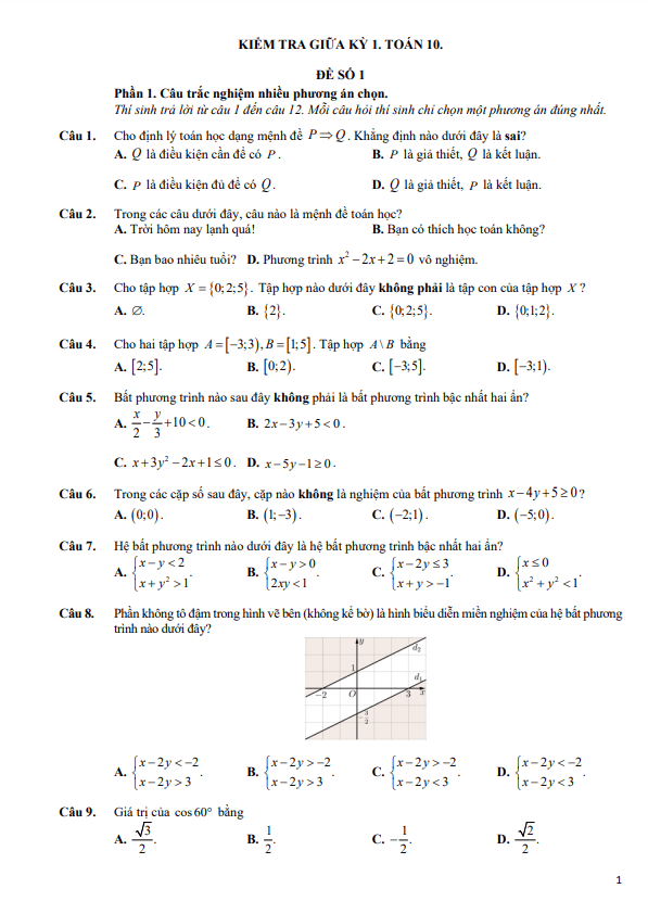 10 đề kiểm tra giữa học kỳ 1 môn Toán 10 định dạng trắc nghiệm 2025