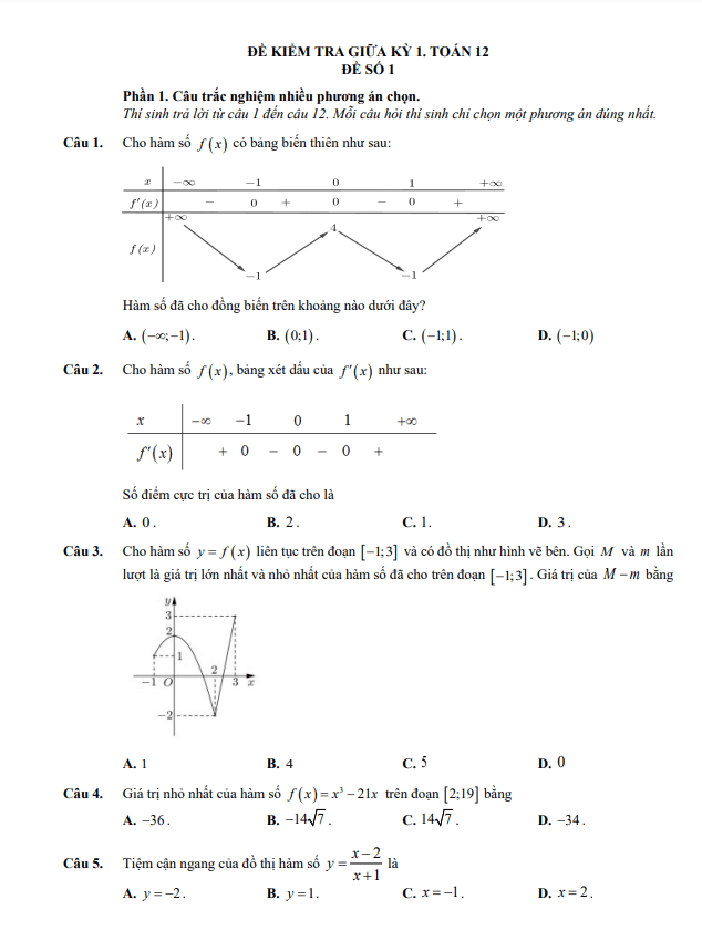 10 đề kiểm tra giữa học kỳ 1 môn Toán 12 định dạng trắc nghiệm 2025