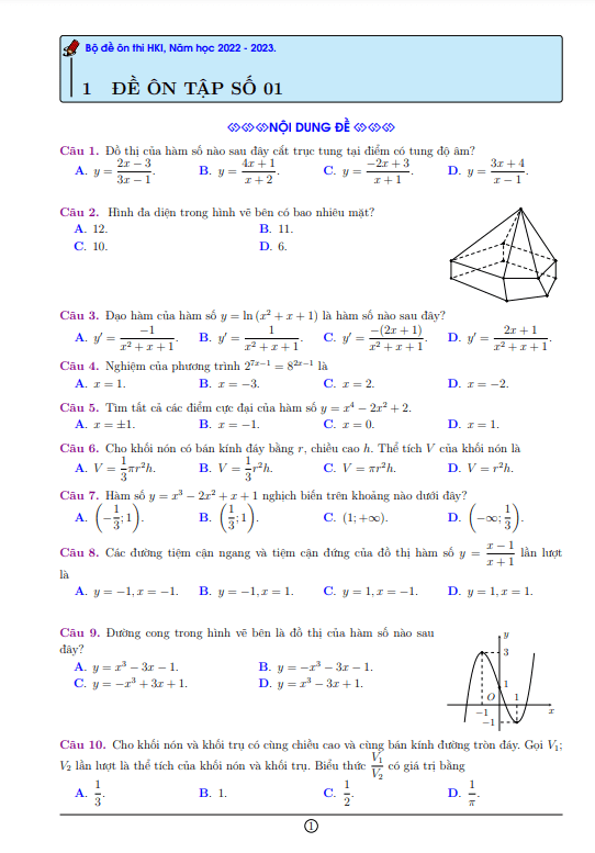 10 đề ôn tập cuối học kì 1 môn Toán 12 mức độ cơ bản