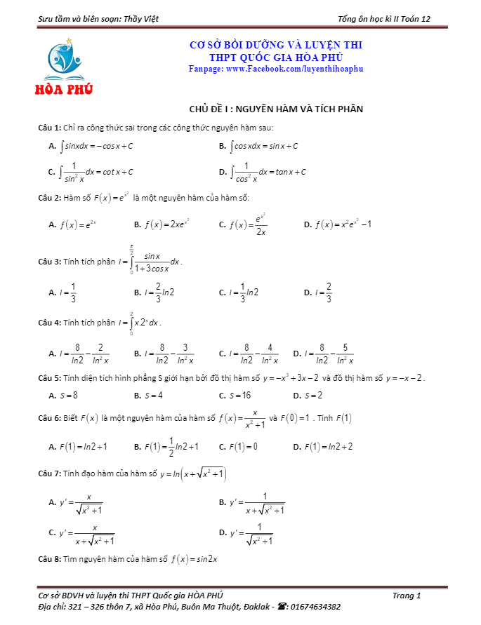 130 bài tập trắc nghiệm ôn tập học kỳ 2 môn Toán 12 – Nguyễn Quốc Việt