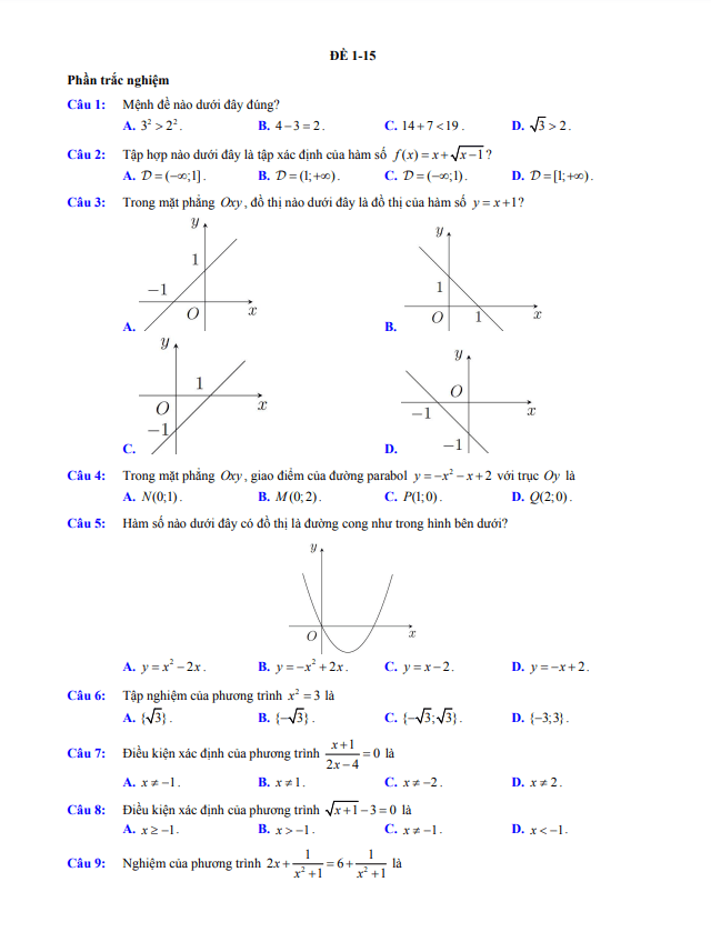 15 đề (70% trắc nghiệm + 30% tự luận) ôn thi cuối học kì 1 môn Toán 10
