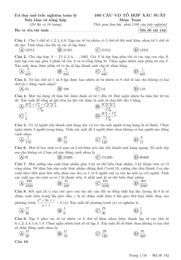 160 câu vận dụng cao tổ hợp – xác suất ôn thi THPT môn Toán