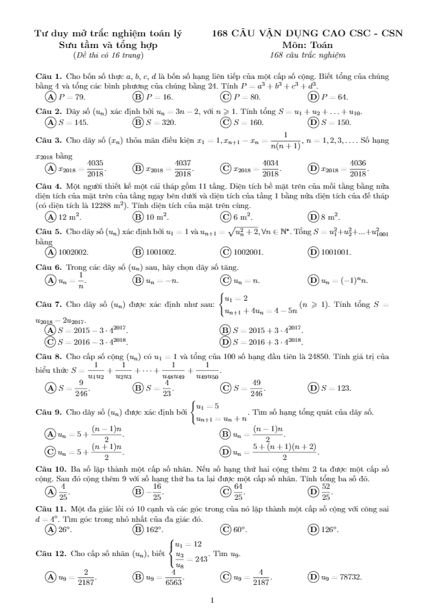168 câu vận dụng cao dãy số, cấp số cộng và cấp số nhân ôn thi THPT môn Toán