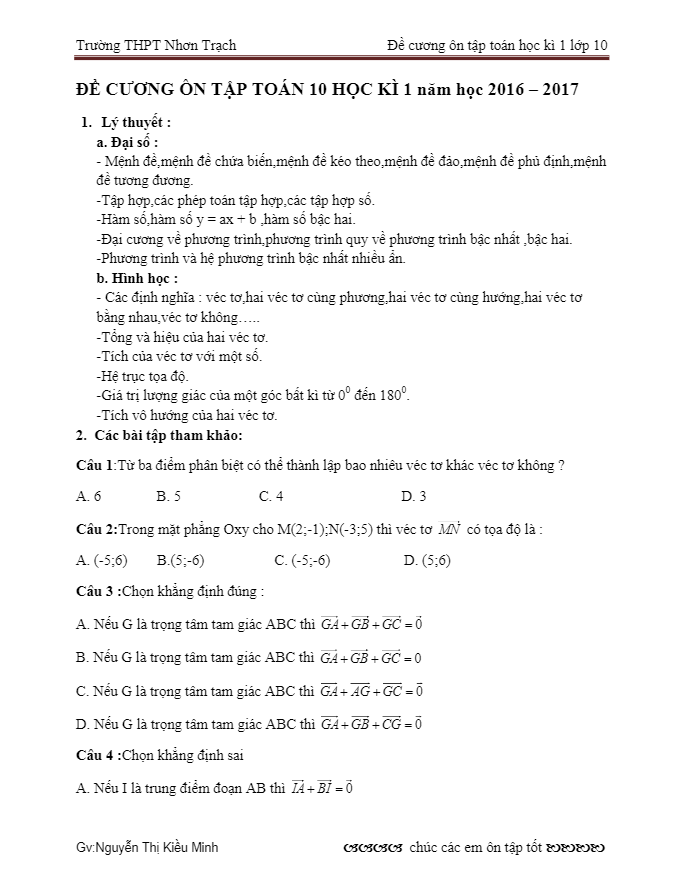 200 câu trắc nghiệm ôn tập HKI Toán 10 – Nguyễn Thị Kiều Minh