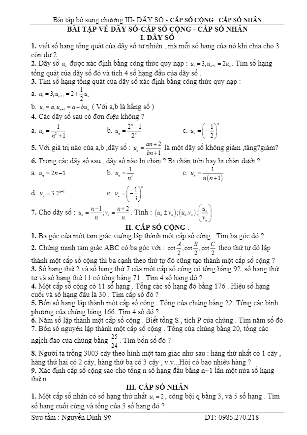 30 bài tập cấp số cộng và cấp số nhân nâng cao – Nguyễn Đình Sỹ