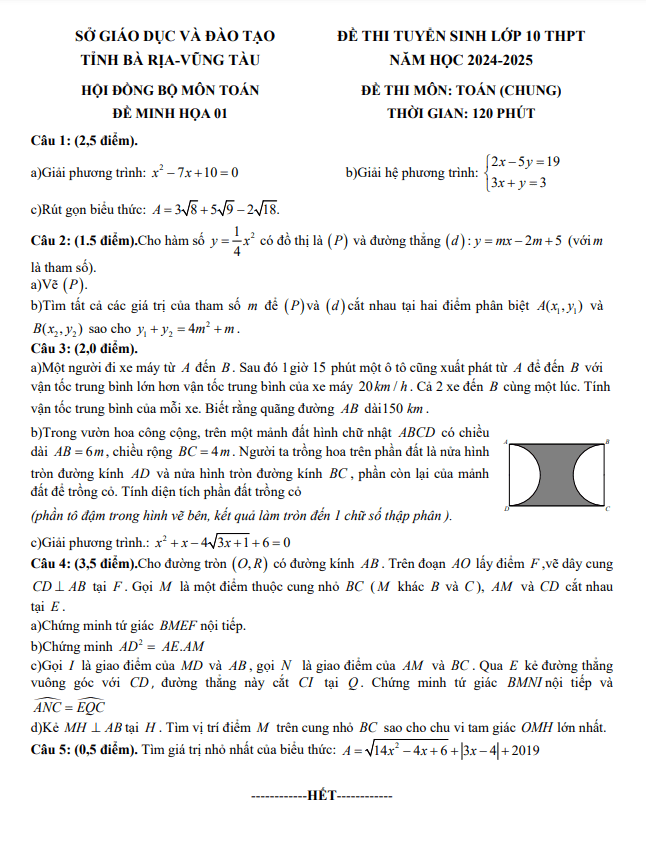 30 đề minh họa Toán (chung) vào lớp 10 năm 2024 – 2025 sở GD&ĐT Bà Rịa – Vũng Tàu