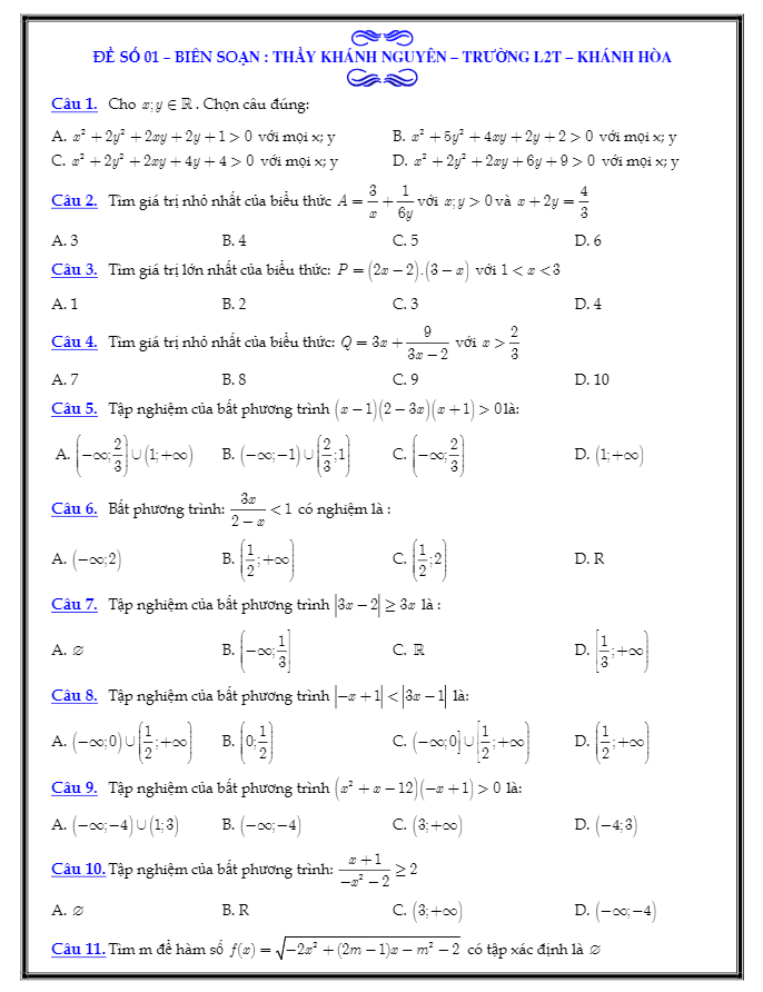 5 đề ôn tập thi học kỳ 2 môn Toán 10 – Nguyễn Khánh Nguyên