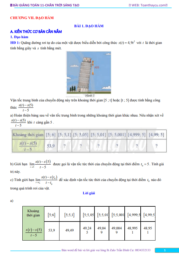 Bài giảng đạo hàm Toán 11 CTST