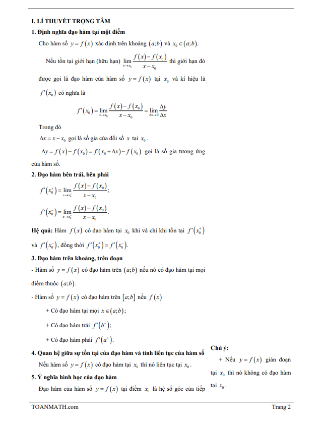Bài giảng định nghĩa và ý nghĩa của đạo hàm