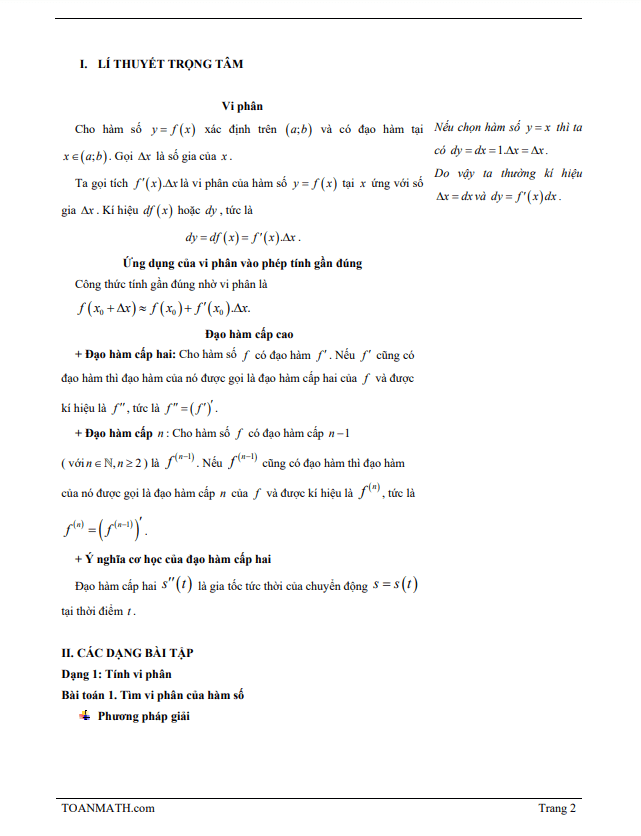 Bài giảng vi phân và đạo hàm cấp cao