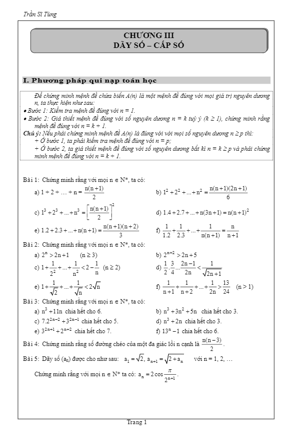 Bài tập dãy số và cấp số – Trần Sĩ Tùng