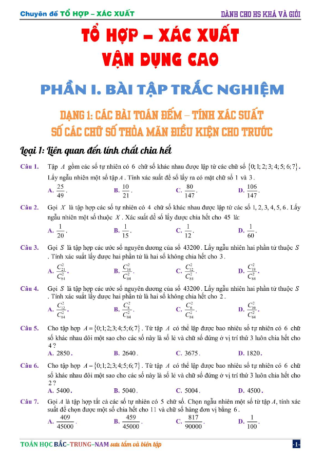 Bài tập tổ hợp – xác suất vận dụng cao có lời giải chi tiết