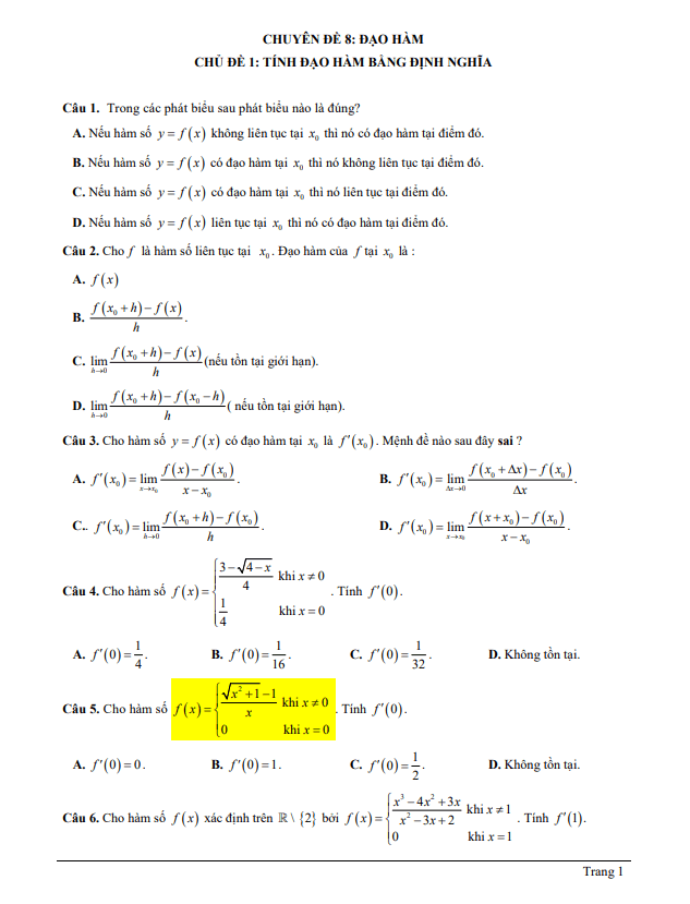 Bài tập trắc nghiệm chủ đề đạo hàm có đáp án và lời giải chi tiết