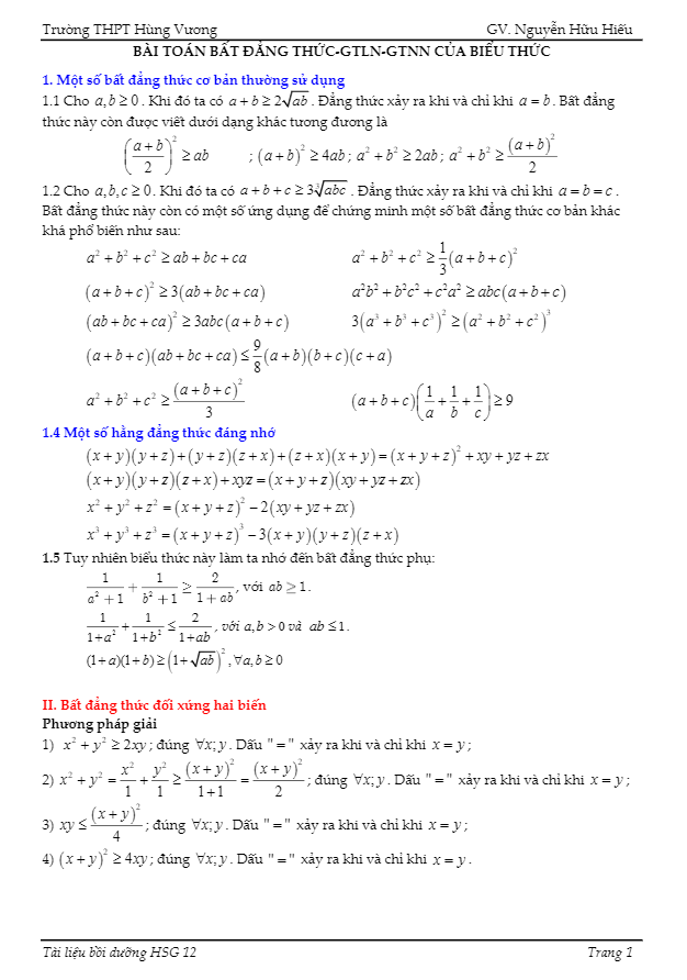 Bài toán bất đẳng thức – GTLN – GTNN của biểu thức – Nguyễn Hữu Hiếu