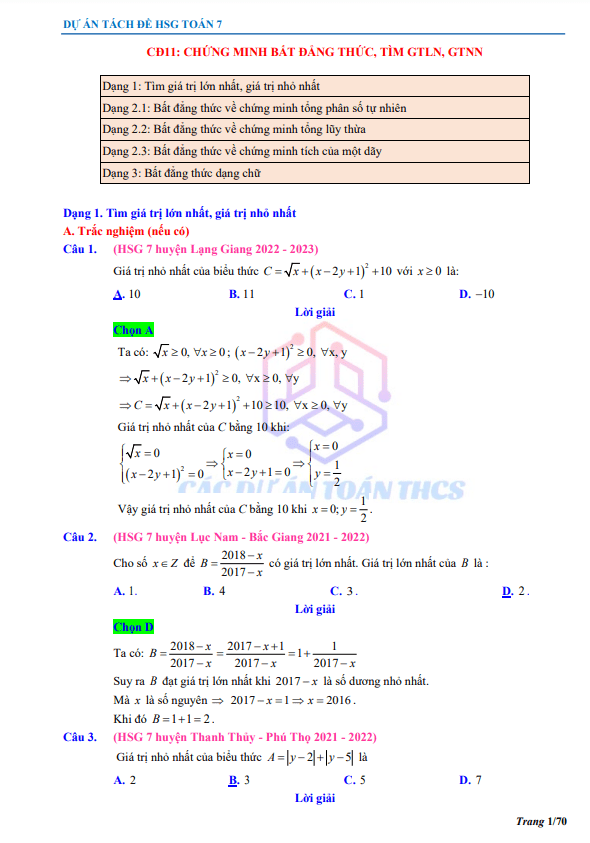 Bài toán chứng minh bất đẳng thức, tìm GTLN – GTNN trong các đề thi HSG Toán 7