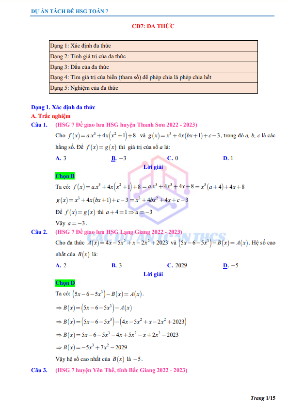 Bài toán đa thức trong các đề thi học sinh giỏi Toán 7