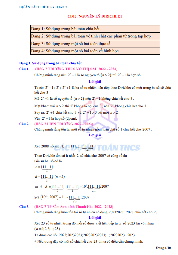 Bài toán nguyên lý Dirichlet trong các đề thi học sinh giỏi Toán 7