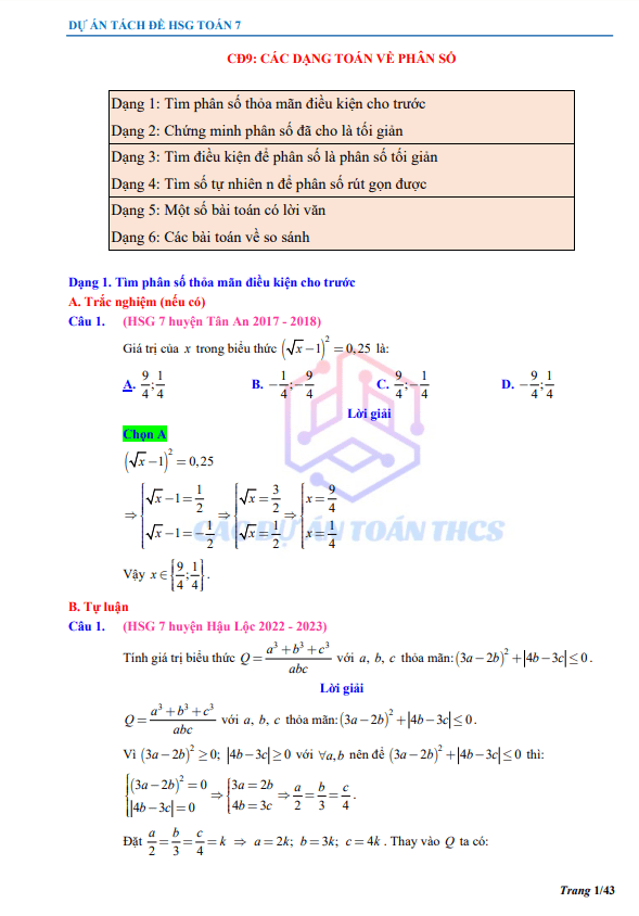 Bài toán phân số trong các đề thi học sinh giỏi Toán 7