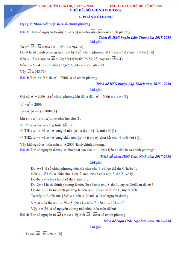 Bài toán số chính phương trong các đề thi học sinh giỏi Toán 6