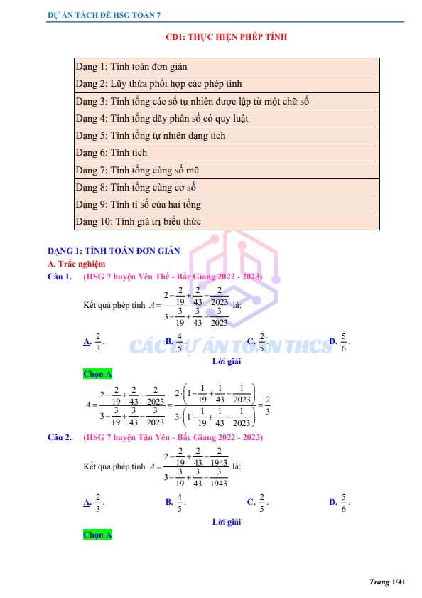 Bài toán thực hiện phép tính trong các đề thi học sinh giỏi Toán 7