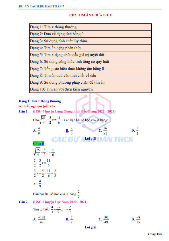 Bài toán tìm ẩn chưa biết trong các đề thi học sinh giỏi Toán 7