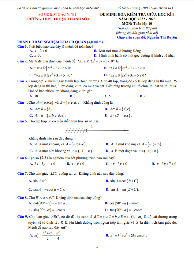 Bộ đề ôn tập giữa kì 1 Toán 10 năm 2022 – 2023 THPT Thuận Thành 1 – Bắc Ninh