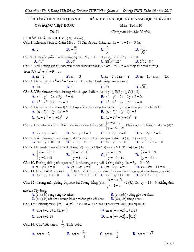 Bộ đề ôn tập HK2 Toán 10 năm học 2016 – 2017 trường THPT Nho Quan A – Ninh Bình