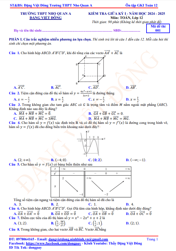Bộ đề ôn tập kiểm tra giữa học kỳ 1 môn Toán 12 năm học 2024 – 2025