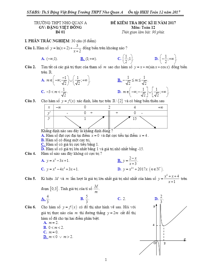 Bộ đề ôn tập thi HK2 Toán 12 năm học 2016 – 2017 trường THPT Nho Quan A – Ninh Bình