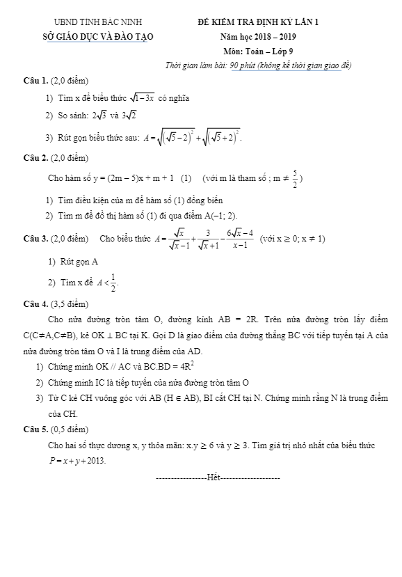 Bộ đề ôn tập thi học kỳ 1 Toán 9 năm học 2018 – 2019 sở GD và ĐT Bắc Ninh
