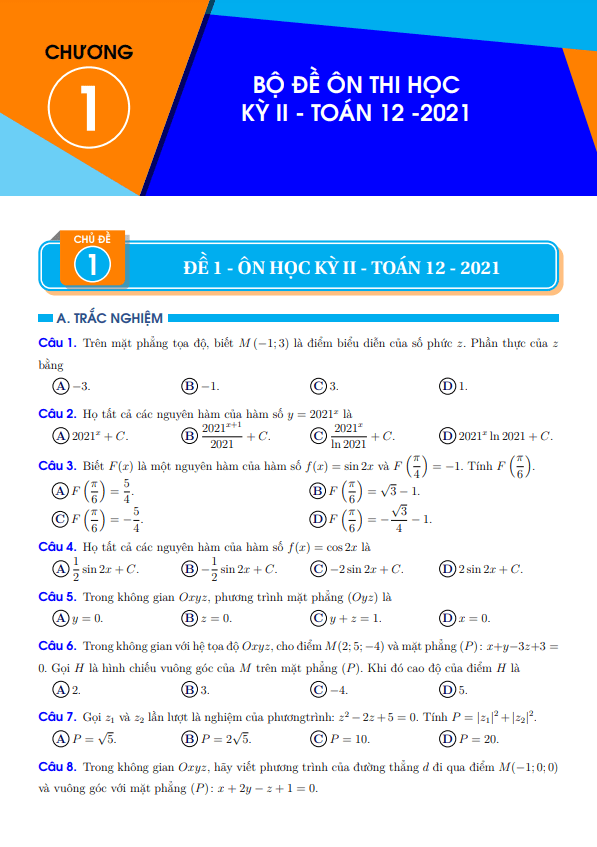 Bộ đề ôn thi học kỳ 2 Toán 12 năm học 2020 – 2021 có đáp án
