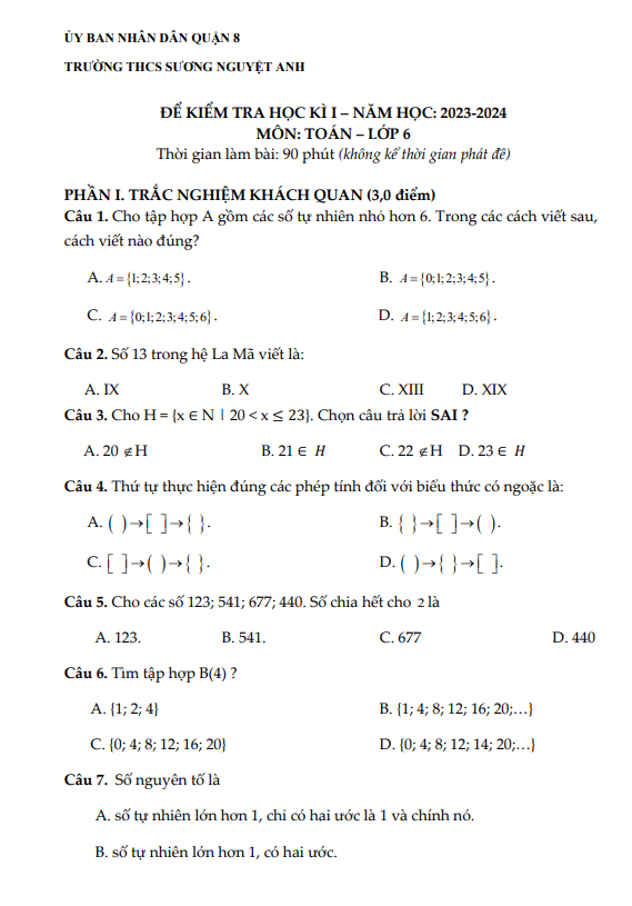 Bộ đề tham khảo cuối kì 1 Toán 6 năm 2023 – 2024 phòng GD&ĐT quận 8 – TP HCM