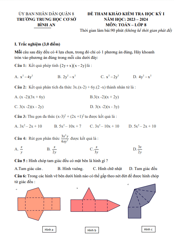 Bộ đề tham khảo cuối kì 1 Toán 8 năm 2023 – 2024 phòng GD&ĐT quận 8 – TP HCM