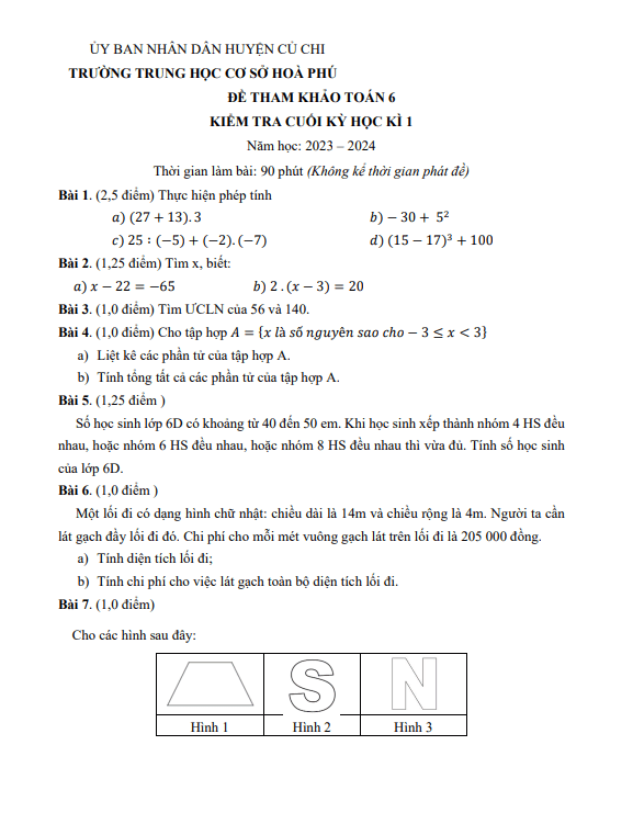 Bộ đề tham khảo cuối kỳ 1 Toán 6 năm 2023 – 2024 phòng GD&ĐT Củ Chi – TP HCM