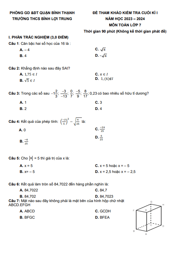 Bộ đề tham khảo cuối kỳ 1 Toán 7 năm 2023 – 2024 phòng GD&ĐT Bình Thạnh – TP HCM