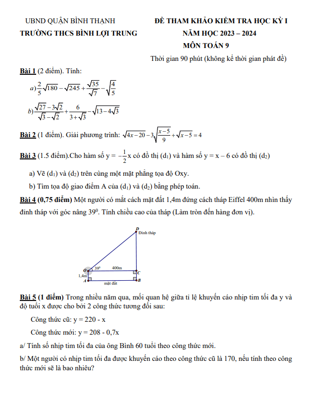 Bộ đề tham khảo cuối kỳ 1 Toán 9 năm 2023 – 2024 phòng GD&ĐT Bình Thạnh – TP HCM
