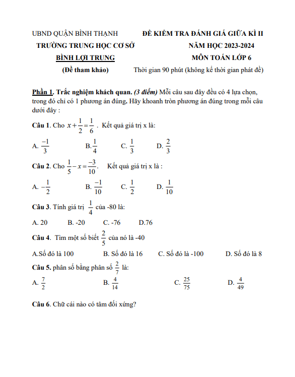 Bộ đề tham khảo giữa kì 2 Toán 6 năm 2023 – 2024 phòng GD&ĐT Bình Thạnh – TP HCM