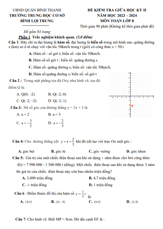 Bộ đề tham khảo giữa kì 2 Toán 8 năm 2023 – 2024 phòng GD&ĐT Bình Thạnh – TP HCM