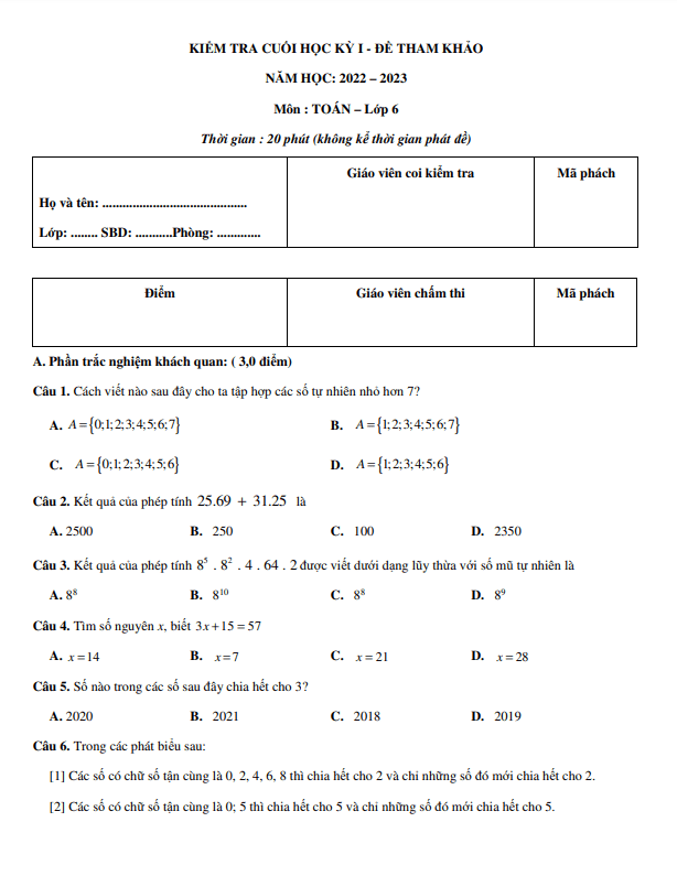 Bộ đề thi thử kiểm tra cuối học kỳ 1 Toán 6 Cánh Diều