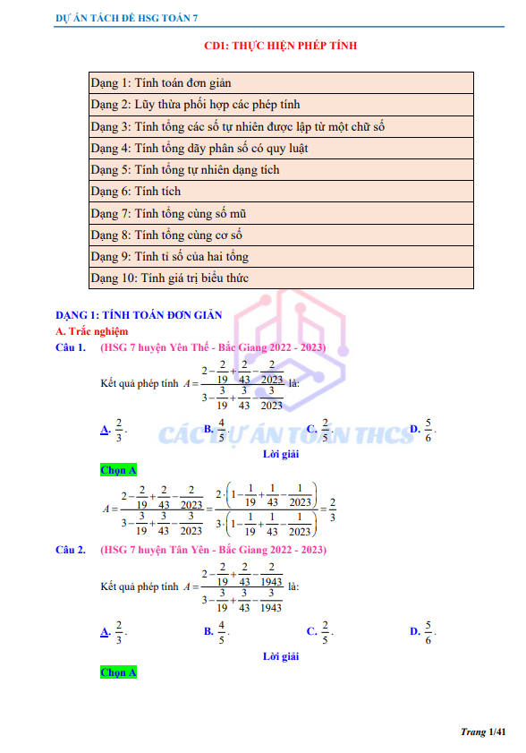 Các dạng bài tập bồi dưỡng học sinh giỏi môn Toán 7