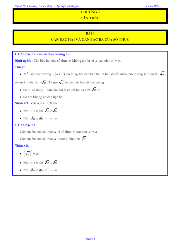 Các dạng bài tập căn thức Toán 9 Cánh Diều