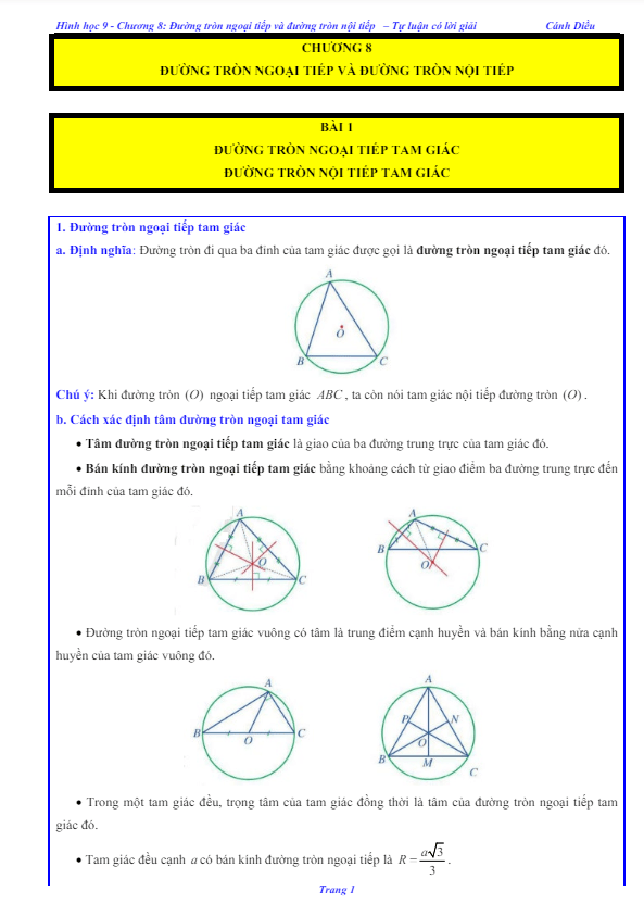 Các dạng bài tập đường tròn ngoại tiếp và đường tròn nội tiếp Toán 9 Cánh Diều