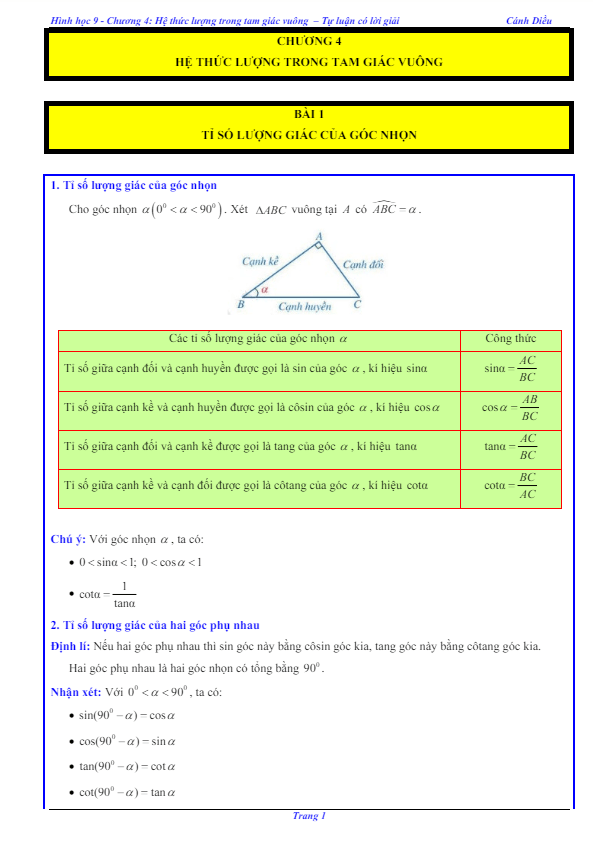 Các dạng bài tập hệ thức lượng trong tam giác vuông Toán 9 Cánh Diều