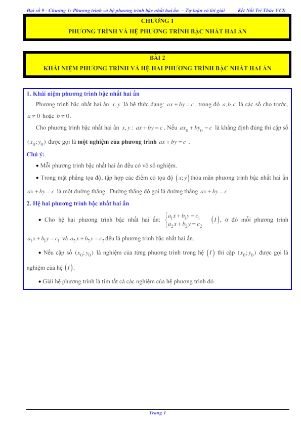 Các dạng bài tập phương trình và hệ hai phương trình bậc nhất hai ẩn Toán 9 KNTTVCS